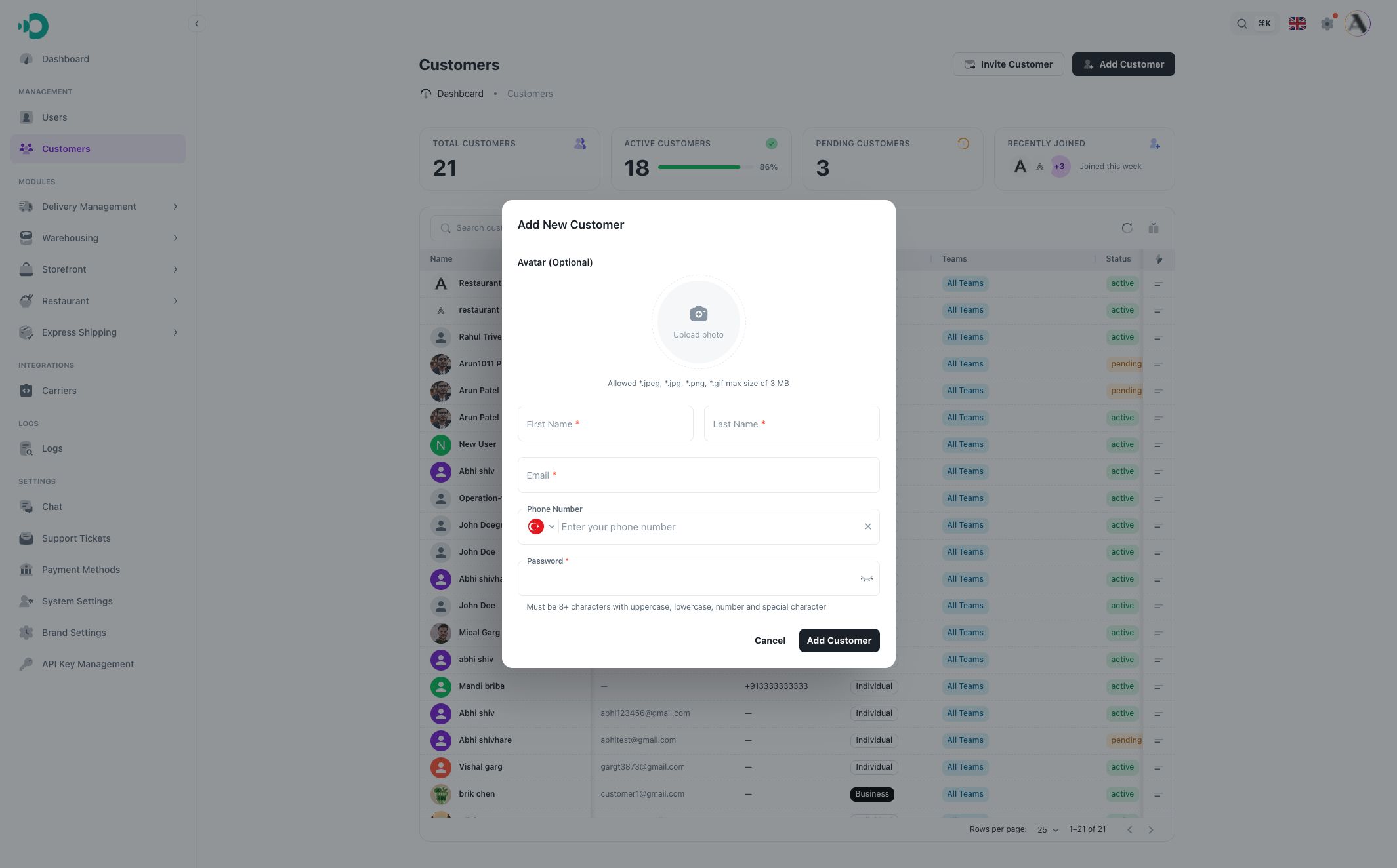 Add customer modal