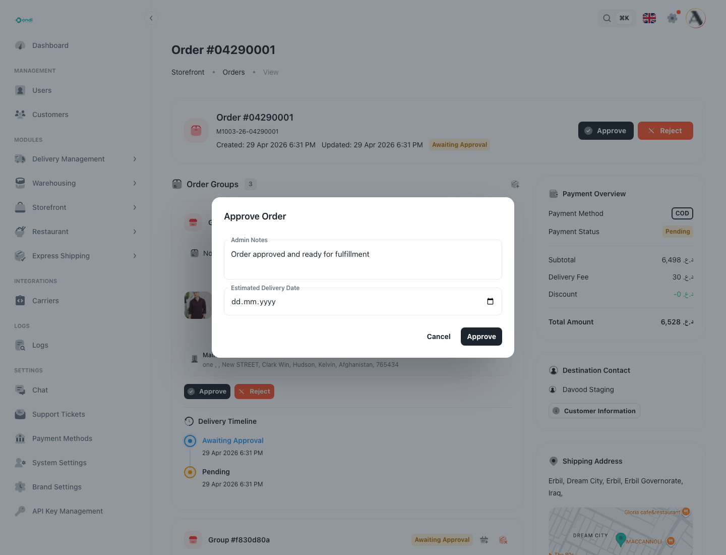 Approve order dialog