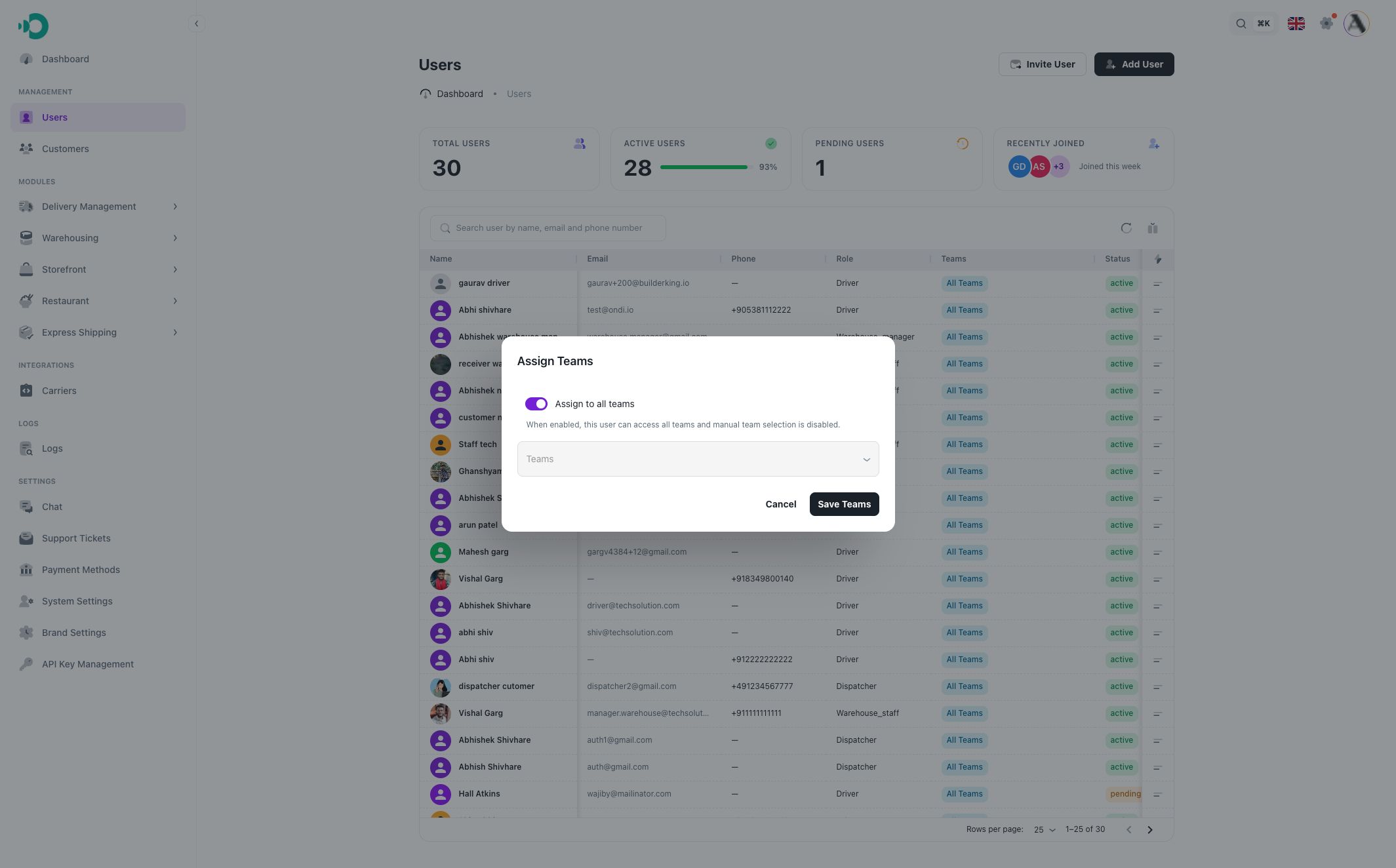 Assign teams modal