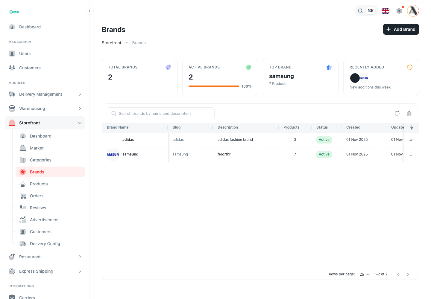 Brands list screen