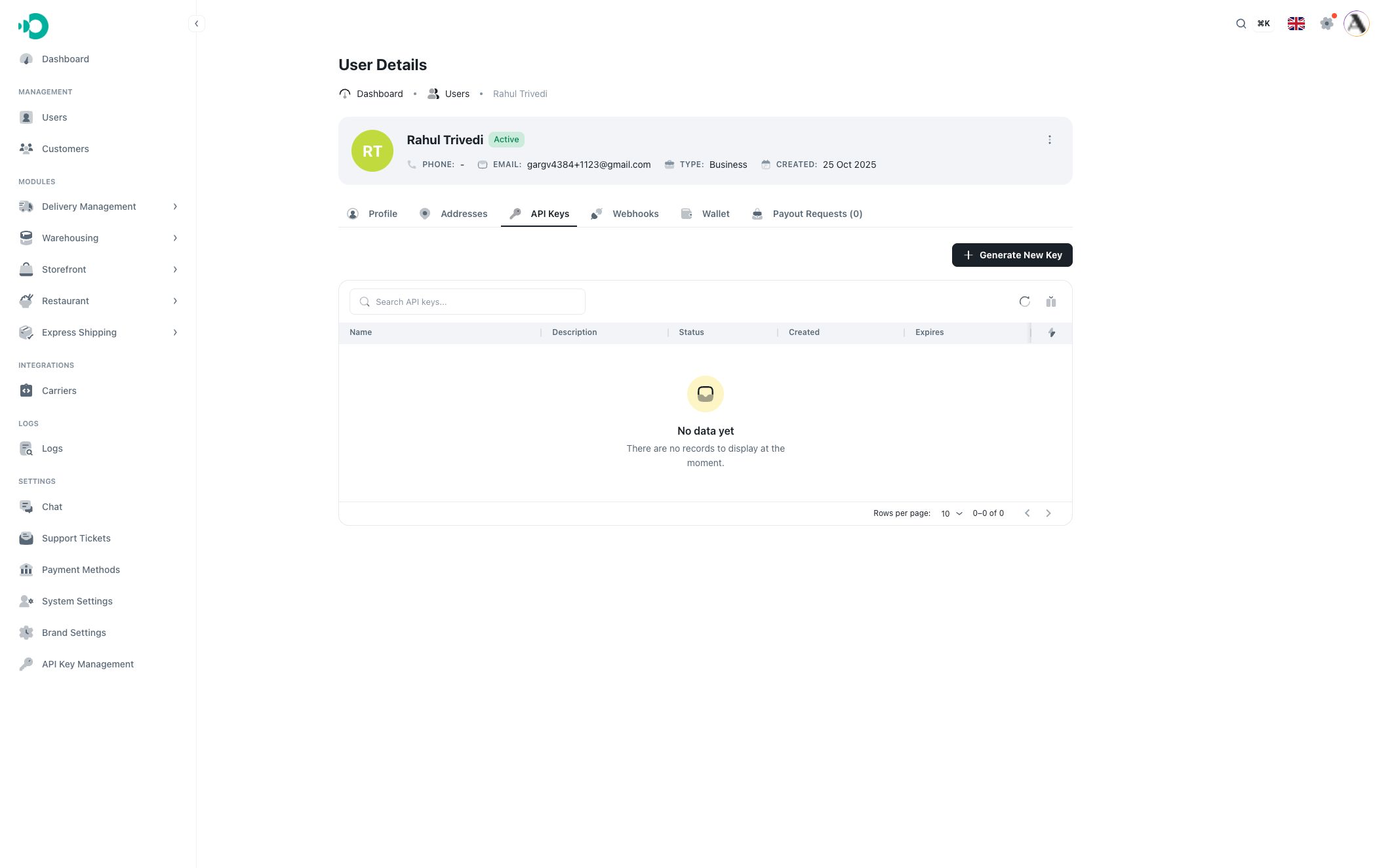 Business customer API keys tab