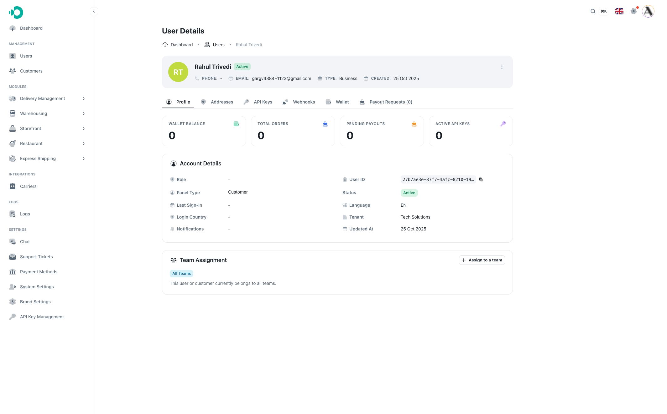 Business customer detail page