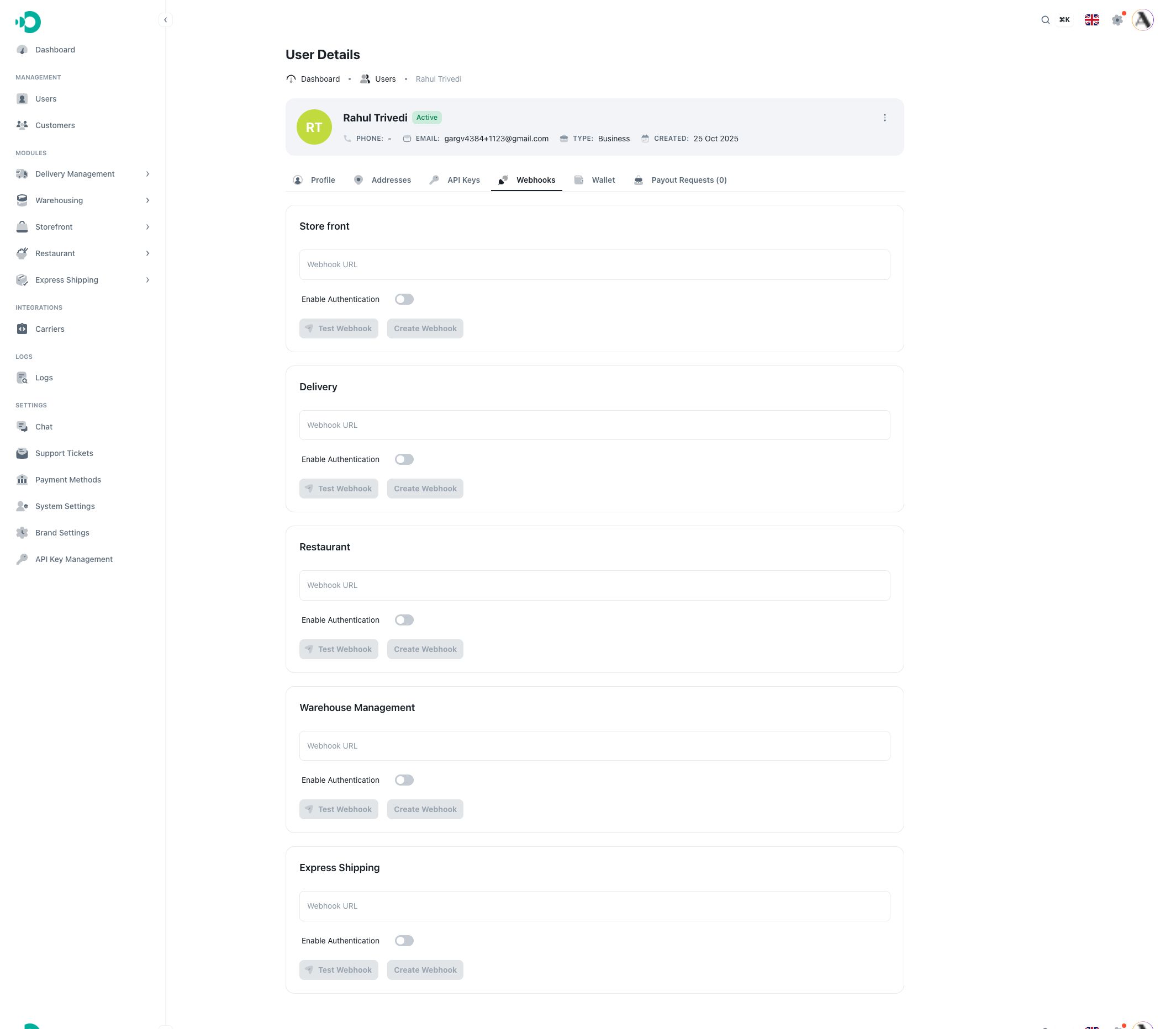 Business customer webhooks tab