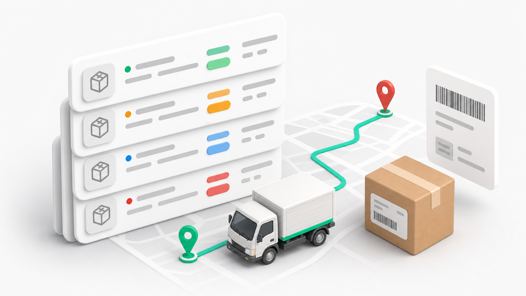 Delivery records track packages, customers, status, carrier, payment, and routing