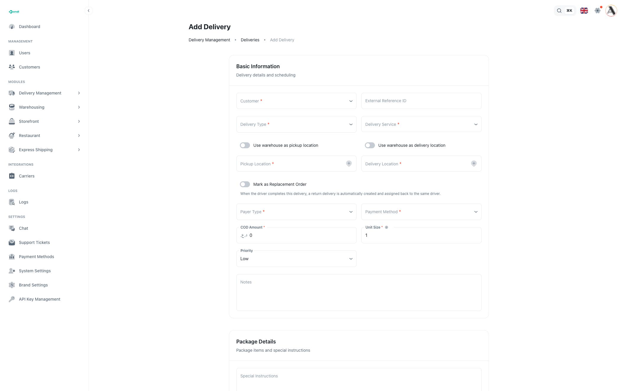 Create delivery form