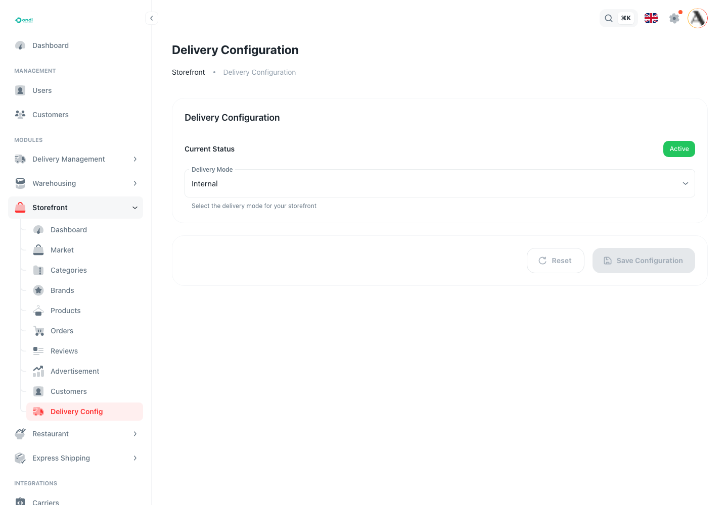 Delivery configuration screen