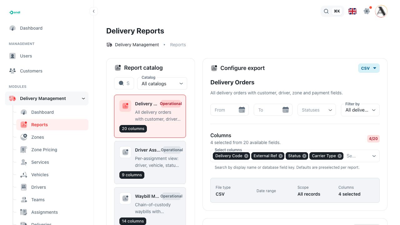 Delivery Reports screen