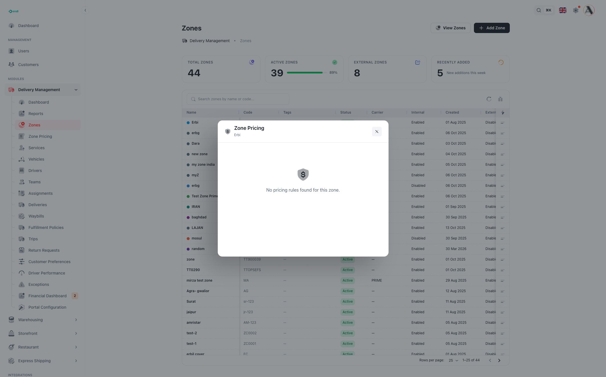 Zone pricing modal from a zone row