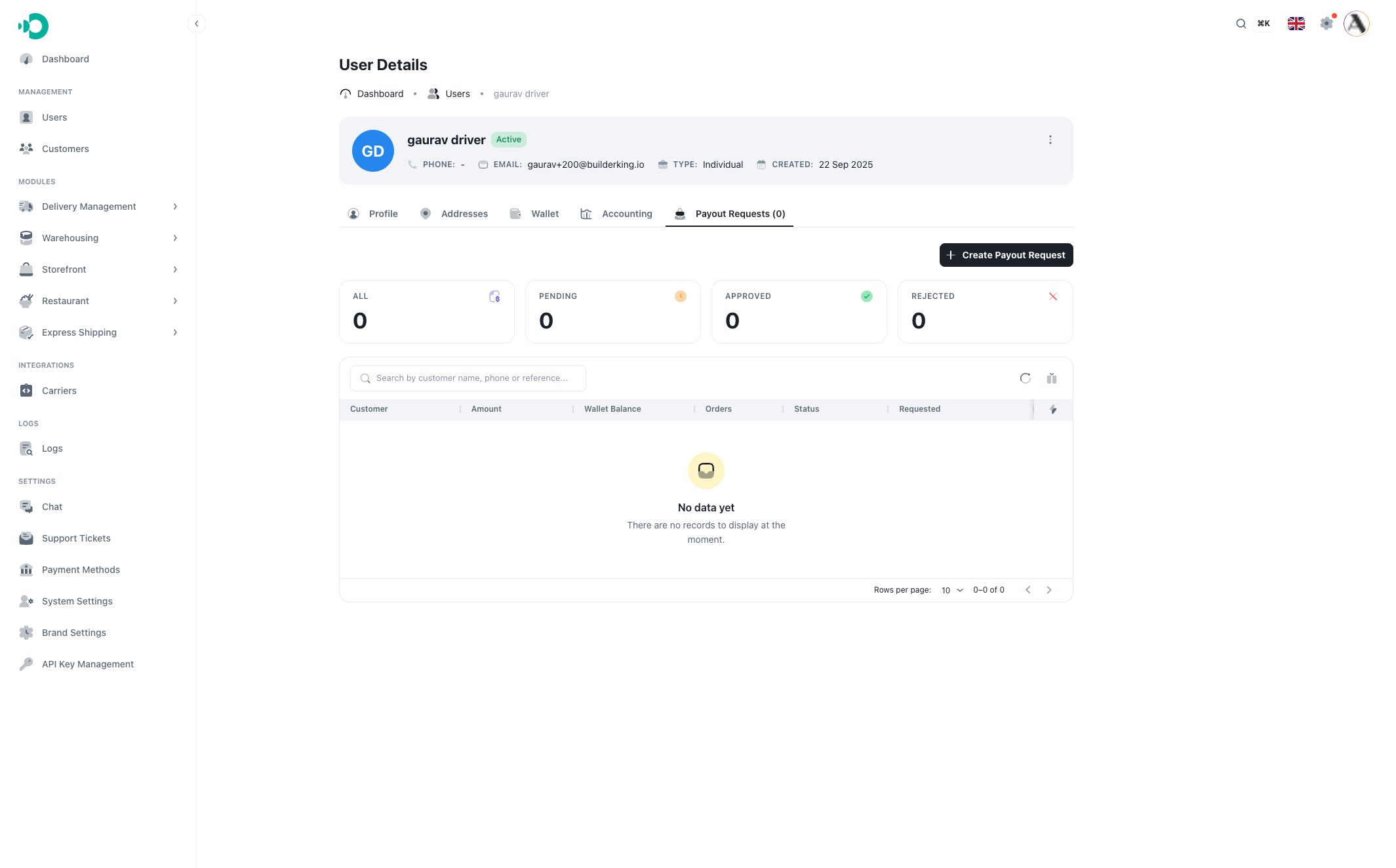 Payout requests tab