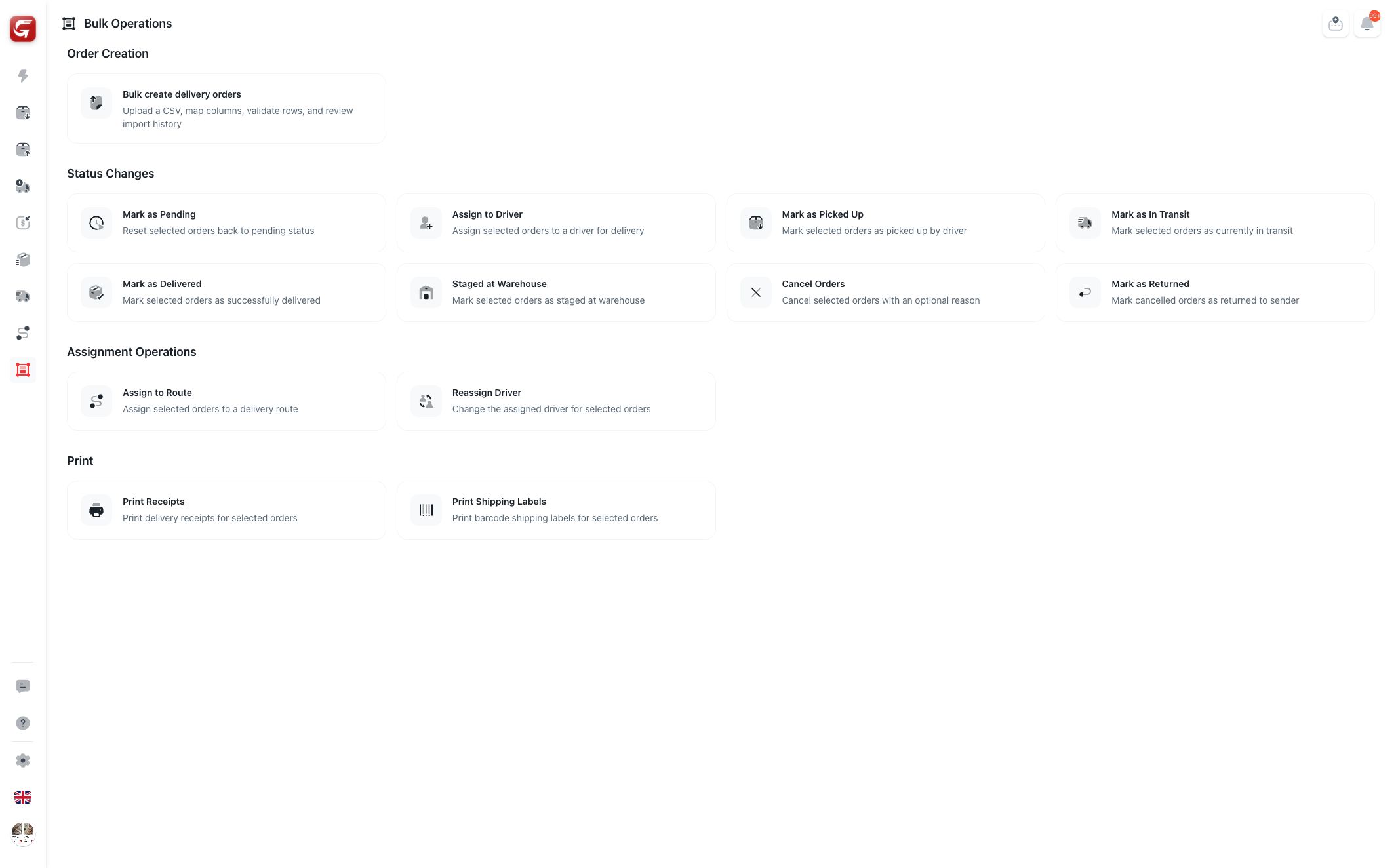 Bulk actions list