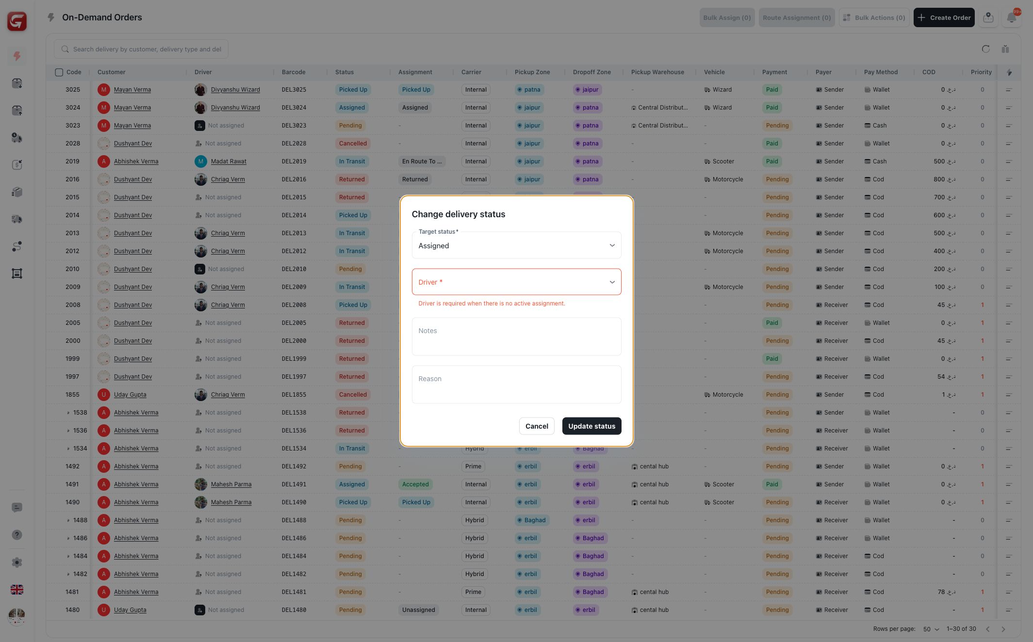 Change status modal