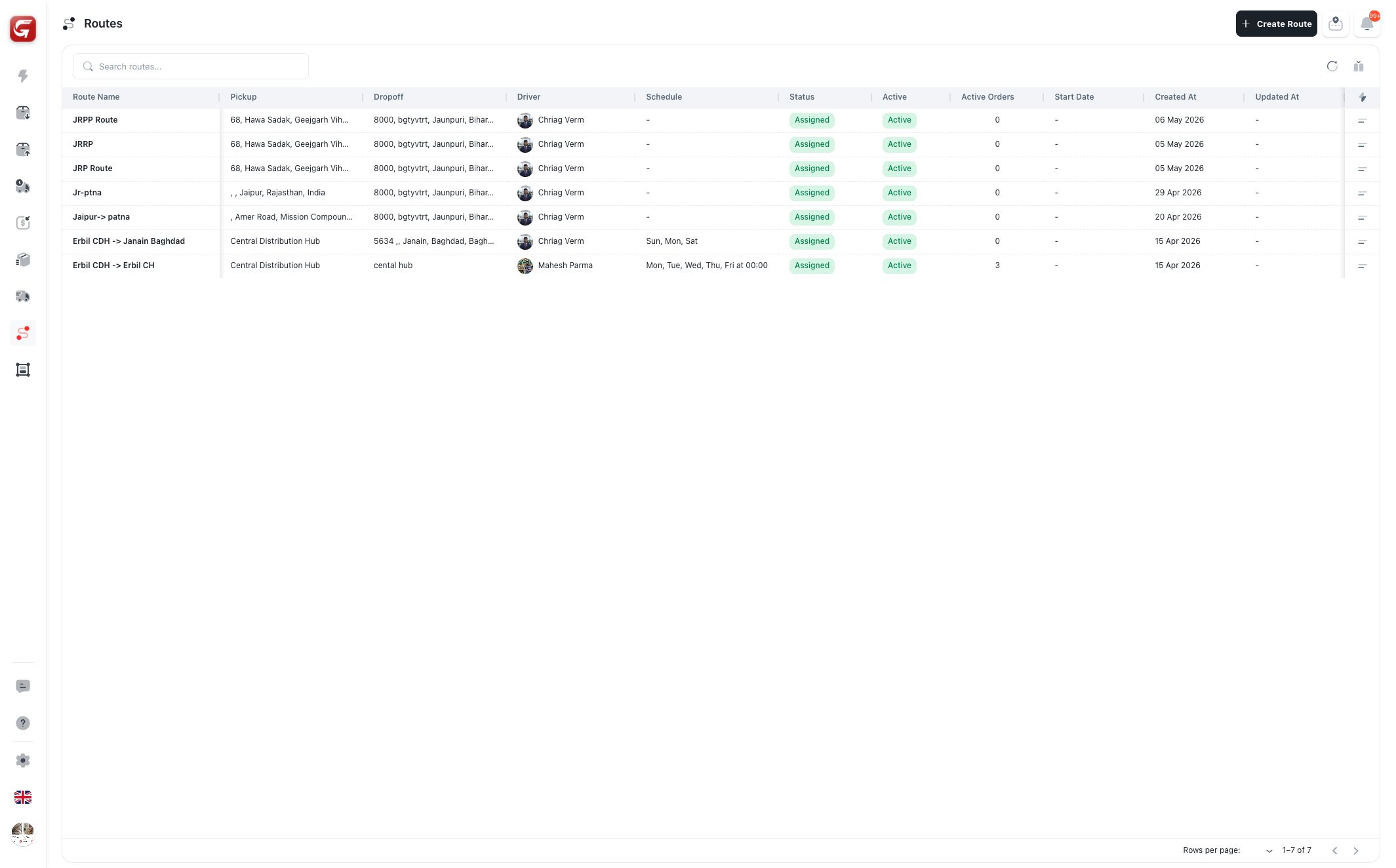 Delivery routes list