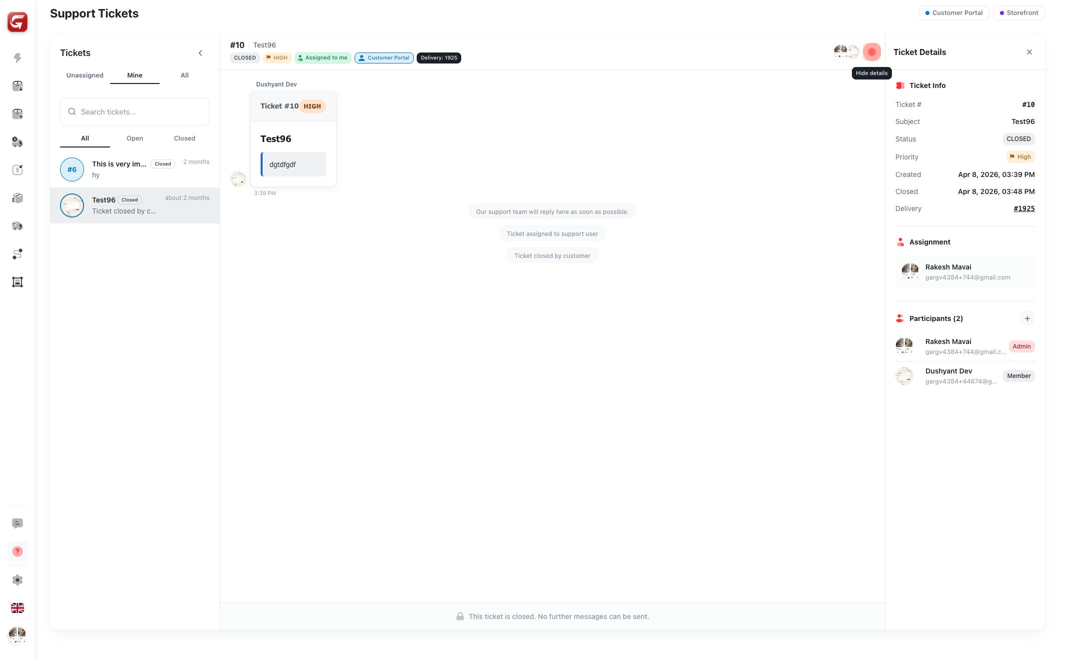 Support details panel
