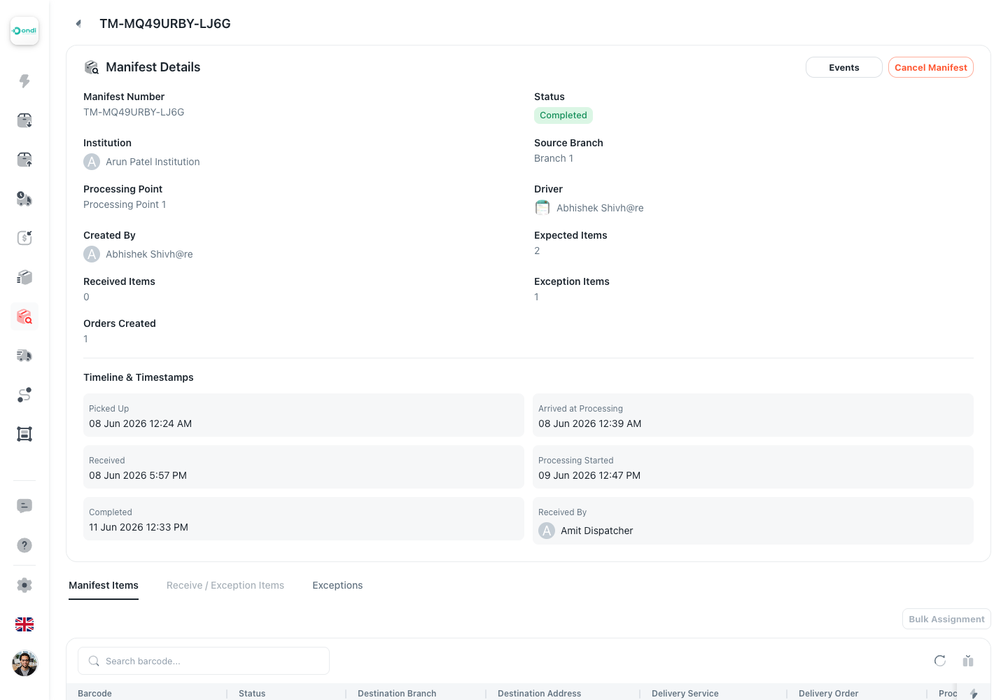 Transfer manifest detail summary