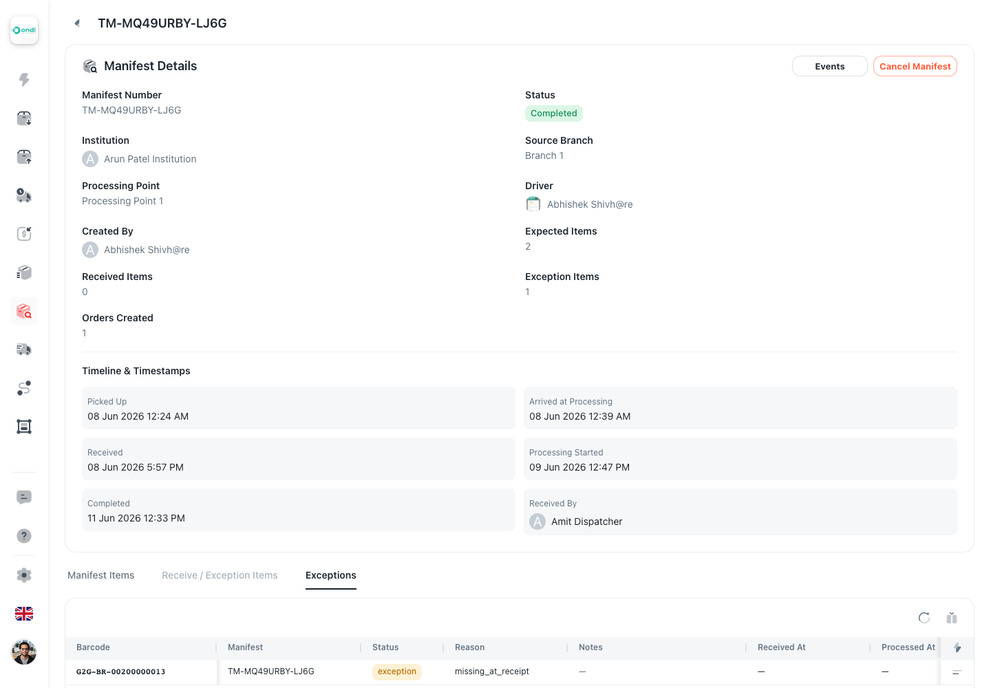 Manifest exceptions tab