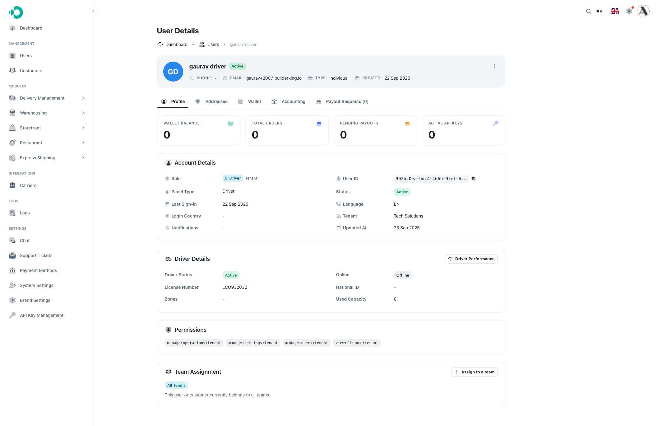 Driver user detail page