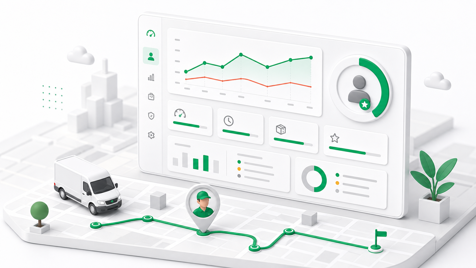Driver performance analytics summarize delivery volume, success, timing, and earnings