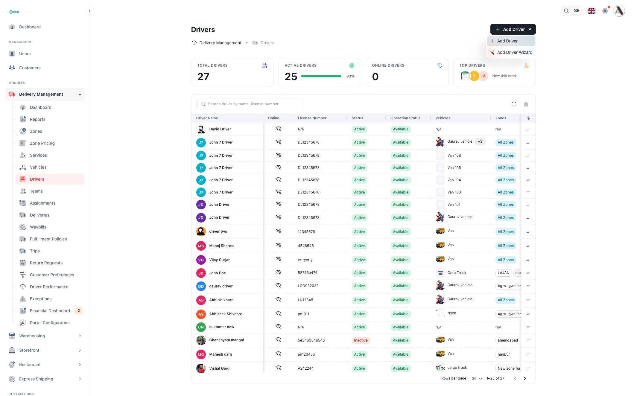 Driver add menu