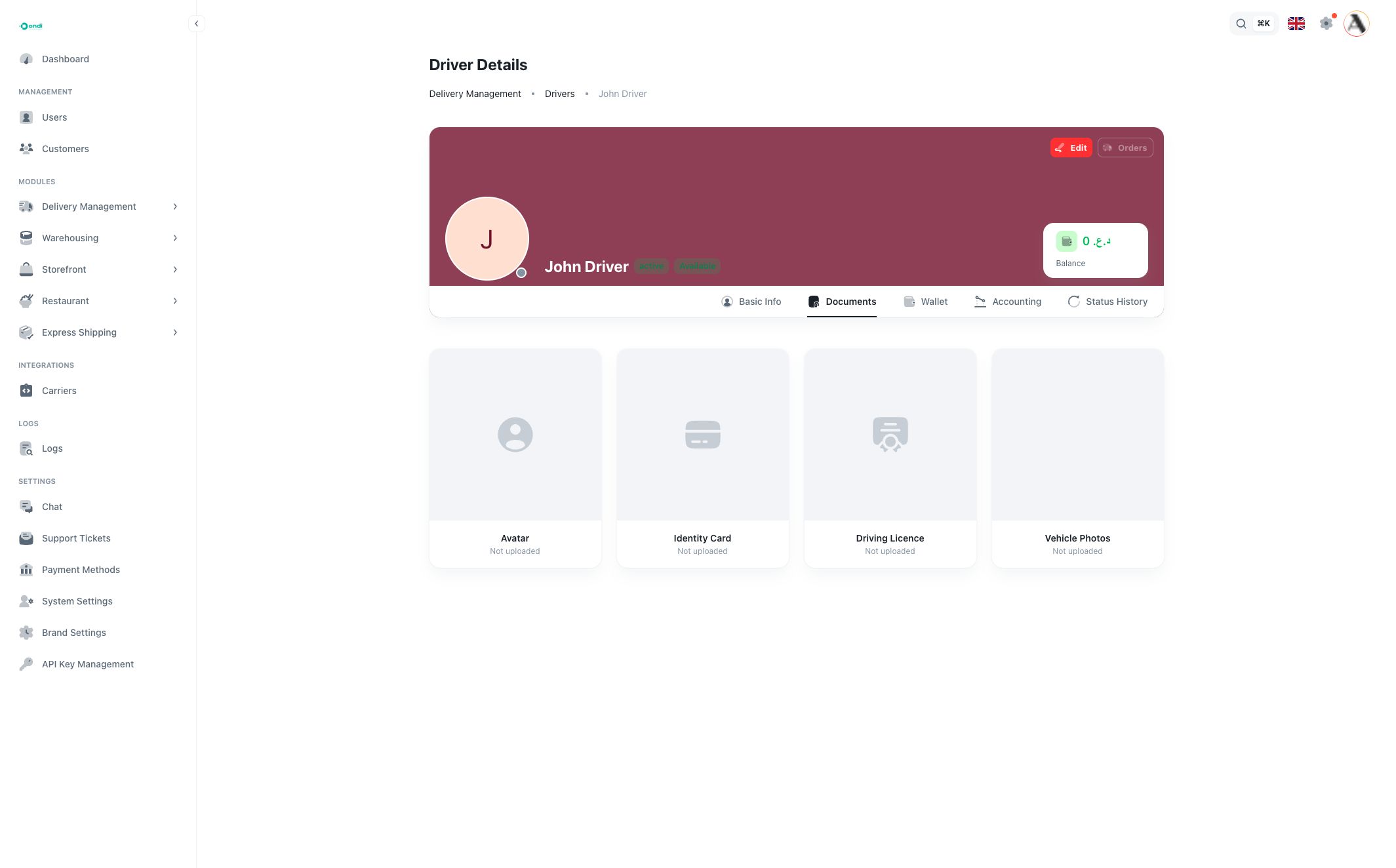 Driver documents tab