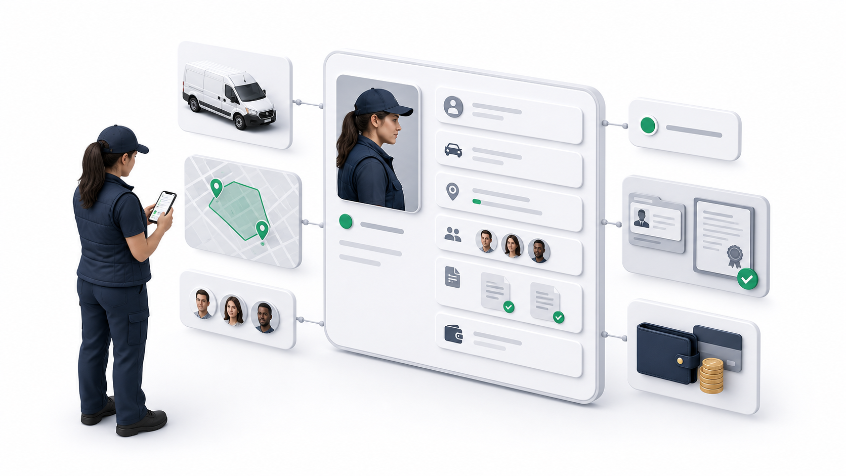 Driver profiles connect users, vehicles, zones, teams, documents, wallet, and operating status