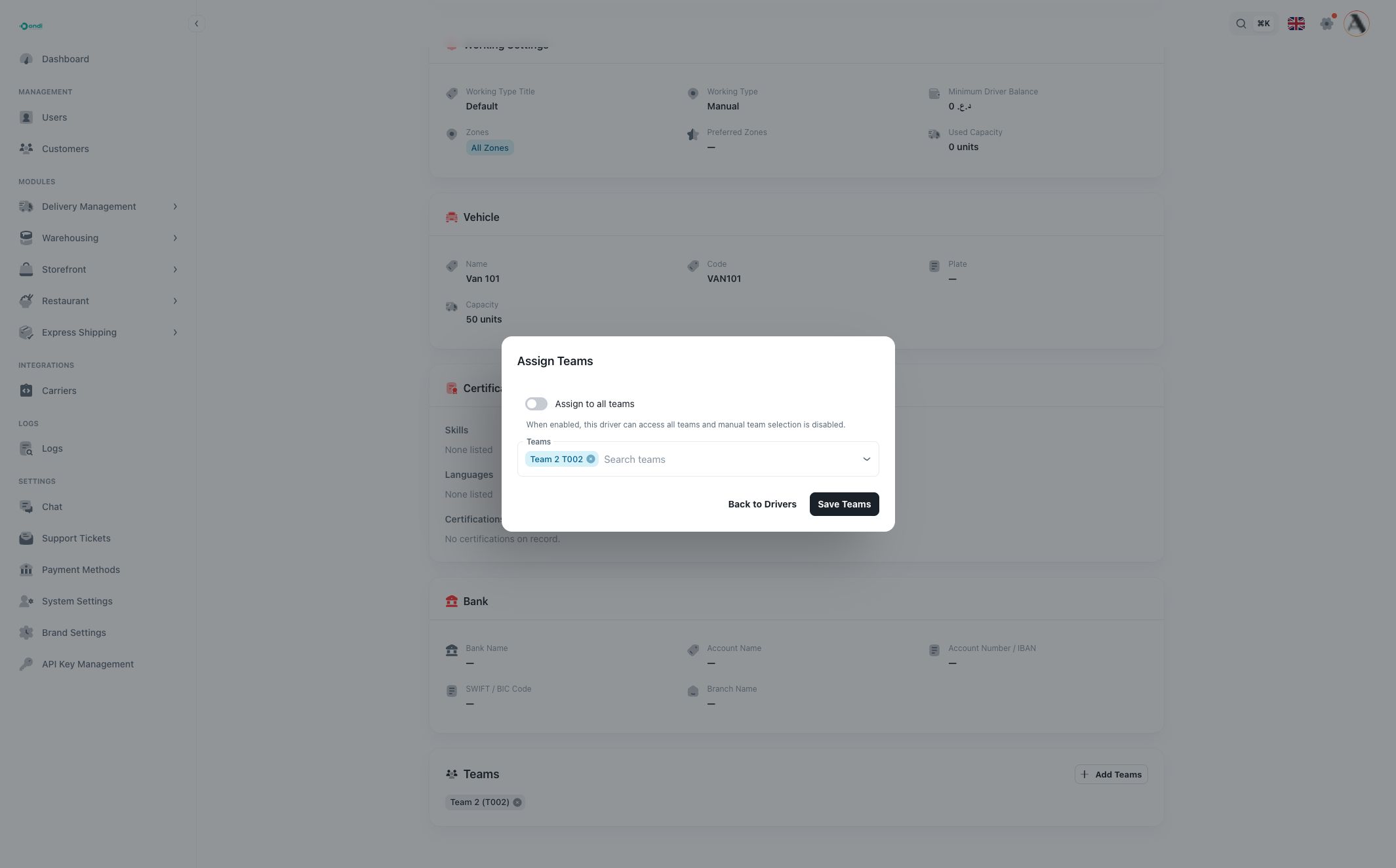 Assign teams to a driver