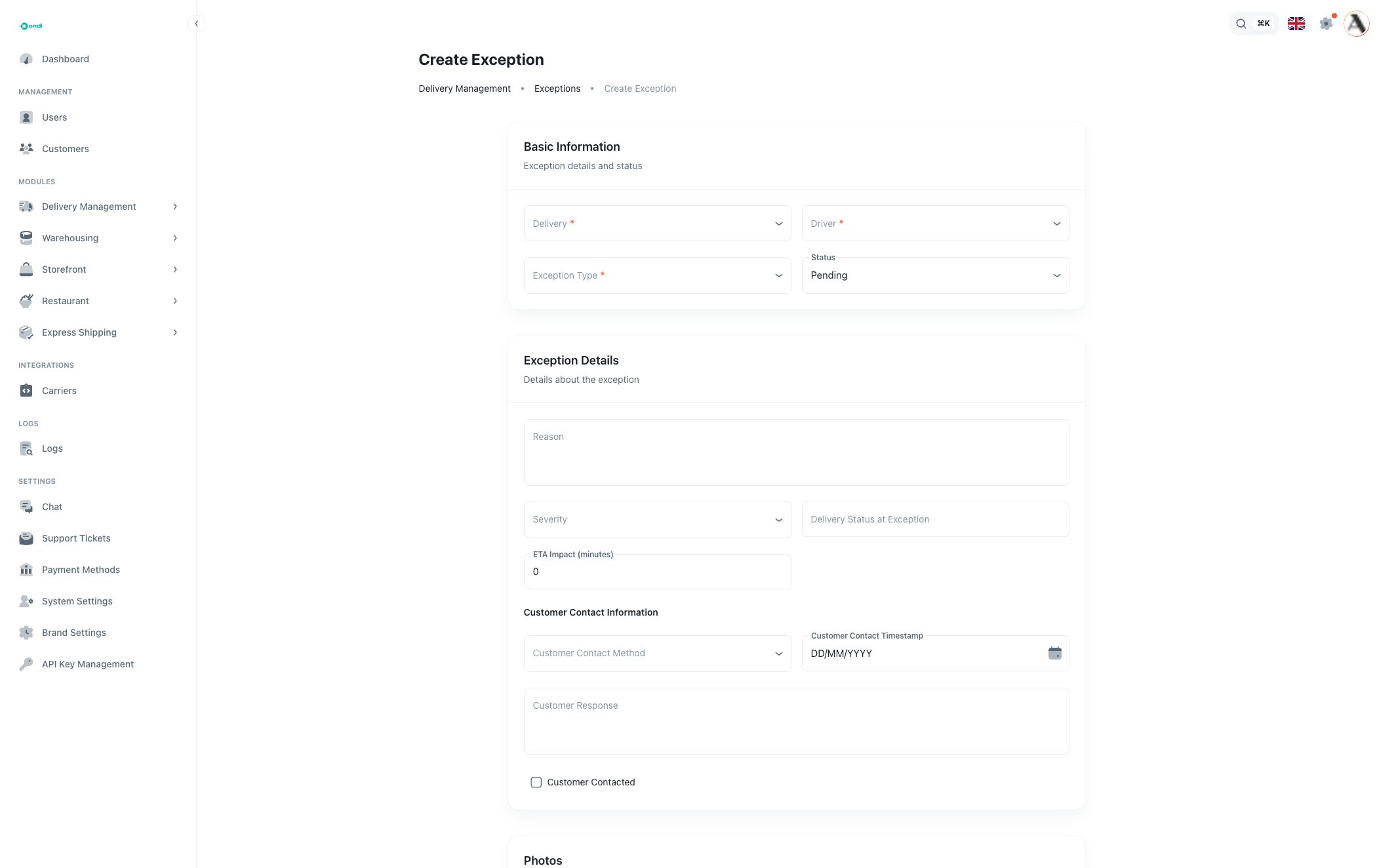Create exception form
