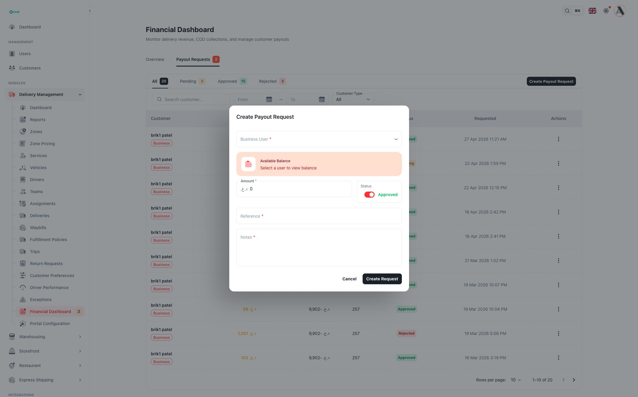 Create payout request dialog