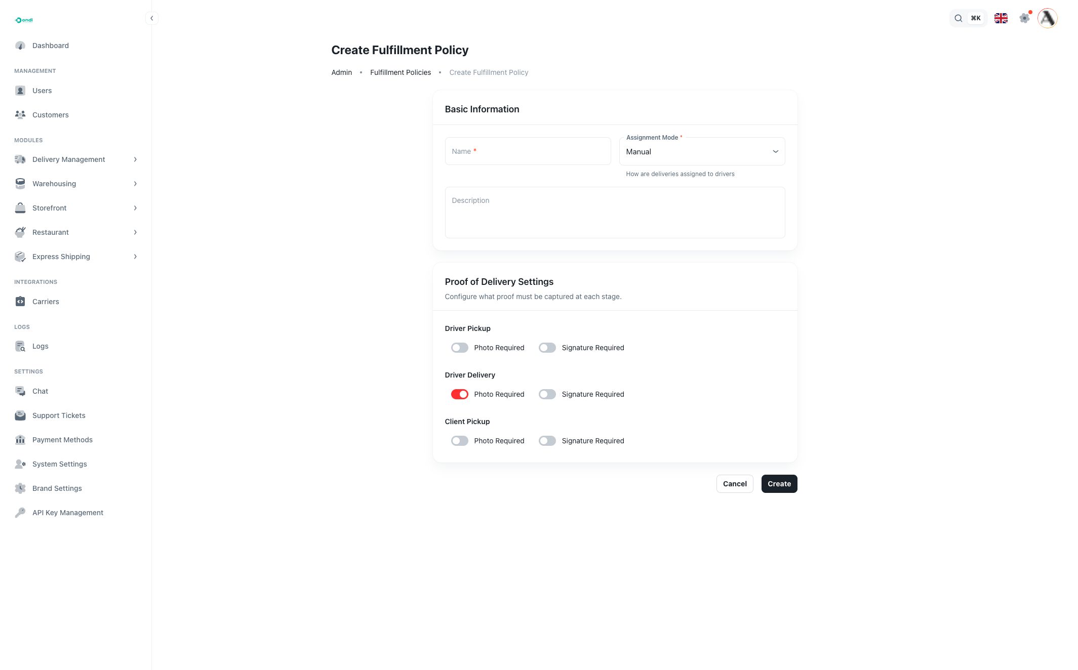 Create fulfillment policy form