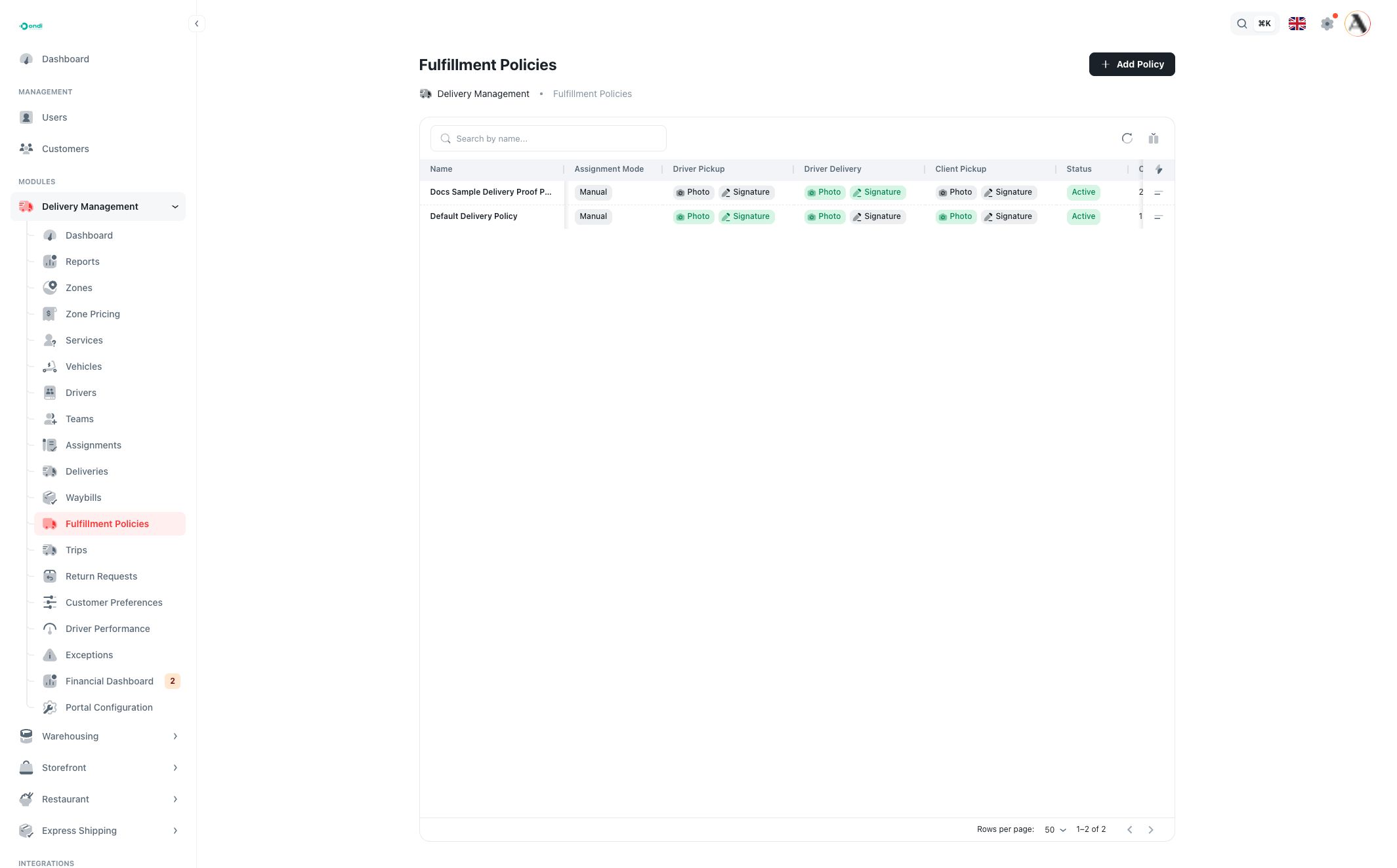 Fulfillment Policies list