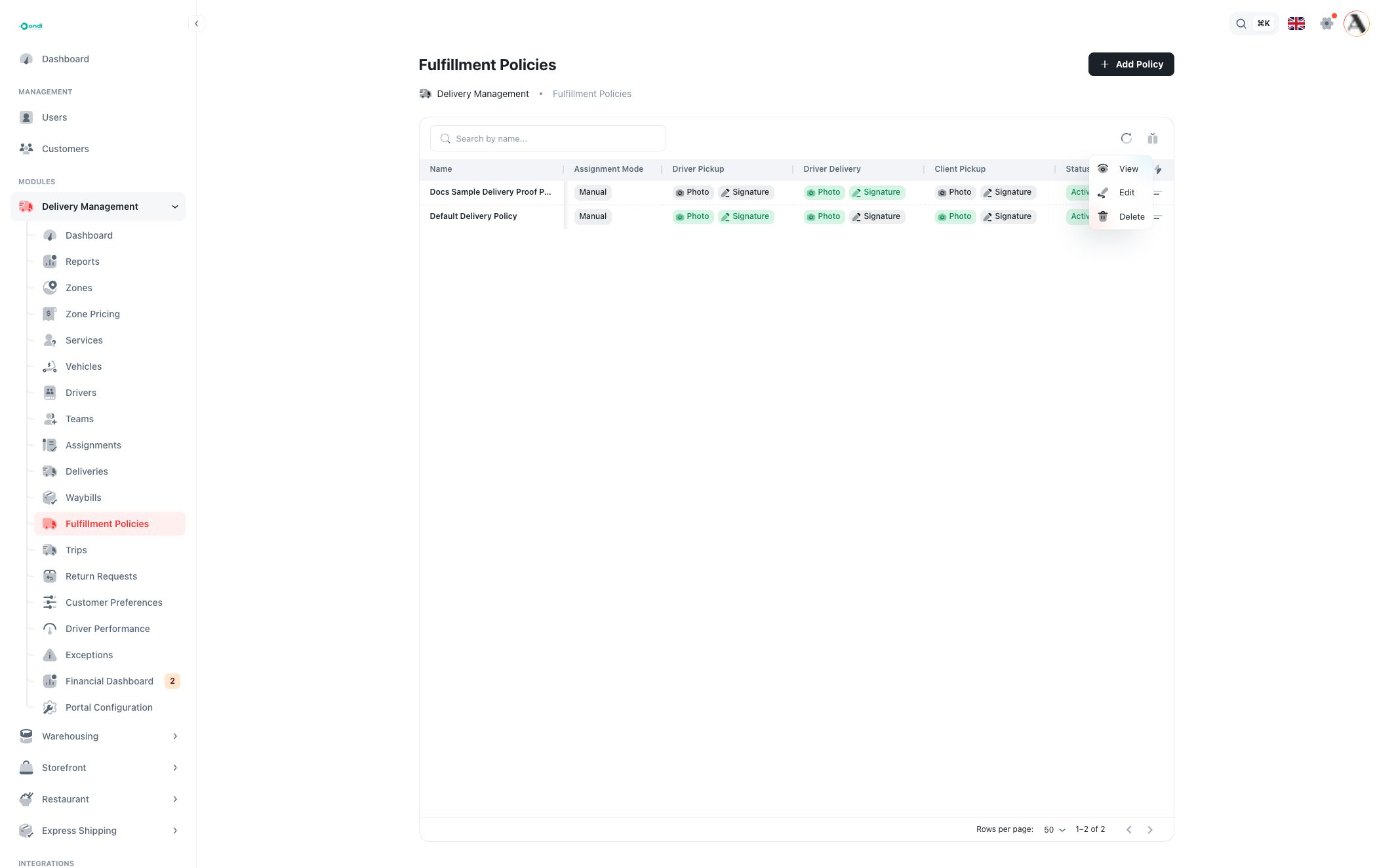 Fulfillment policy row actions