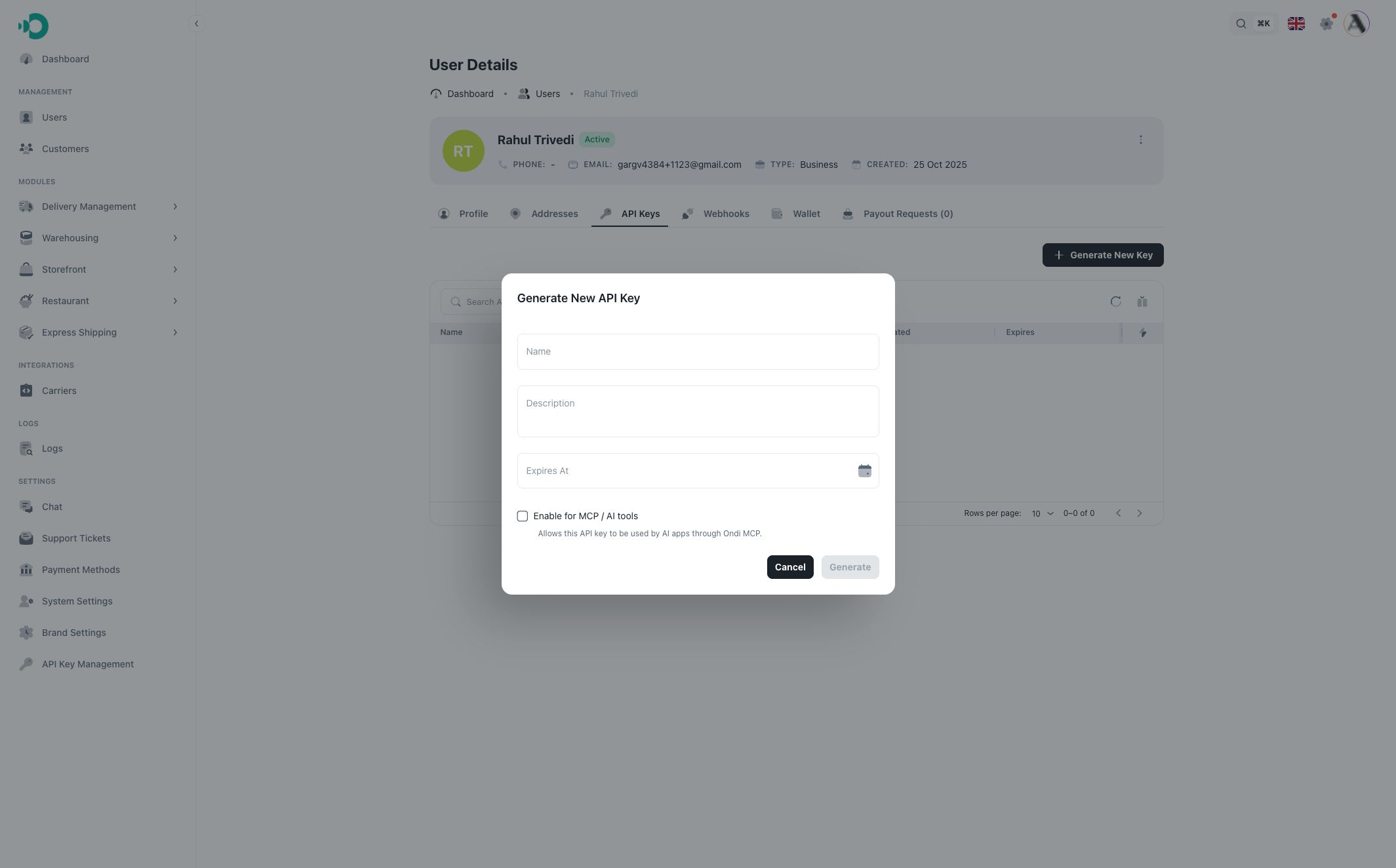Generate API key dialog