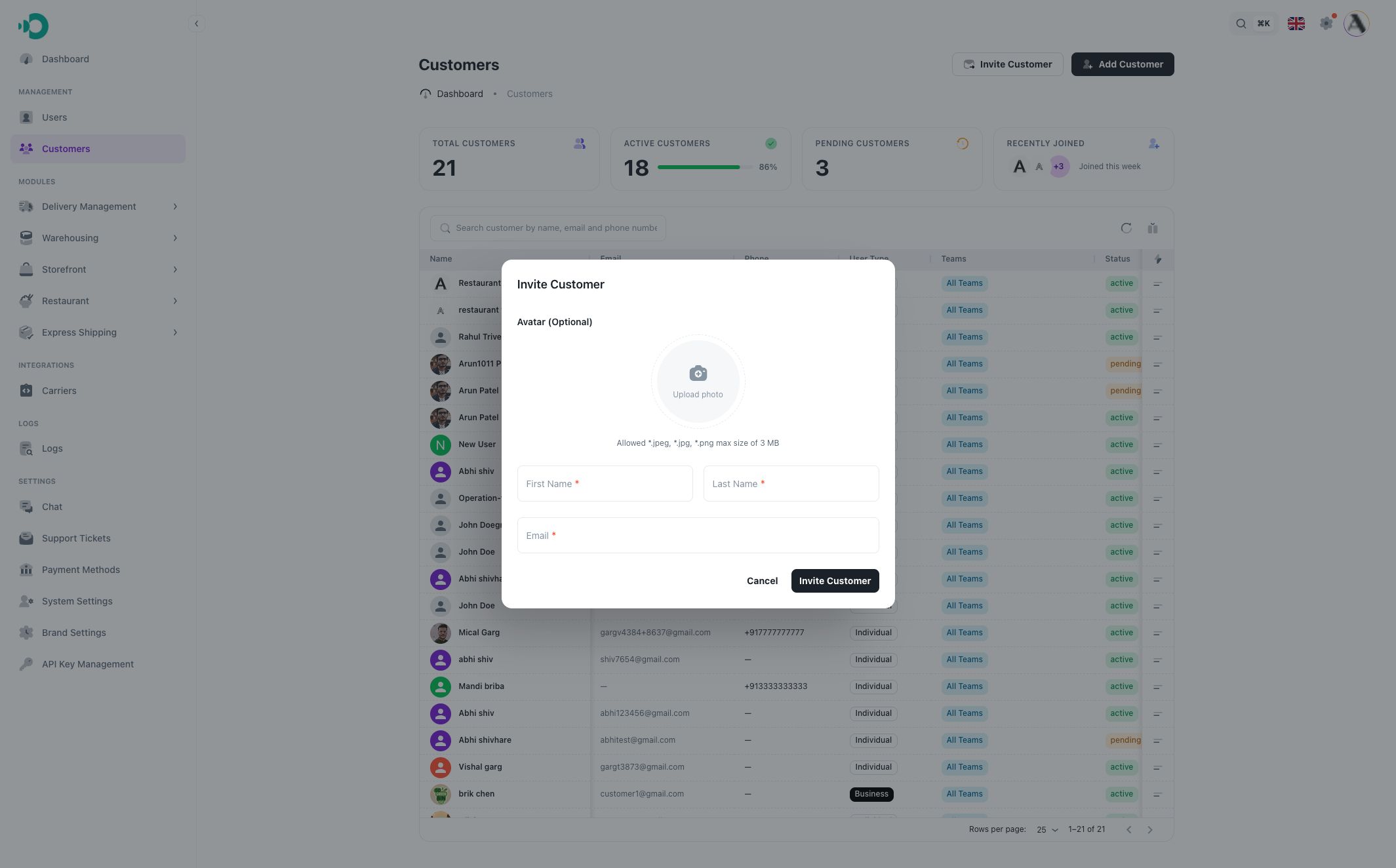 Invite customer modal