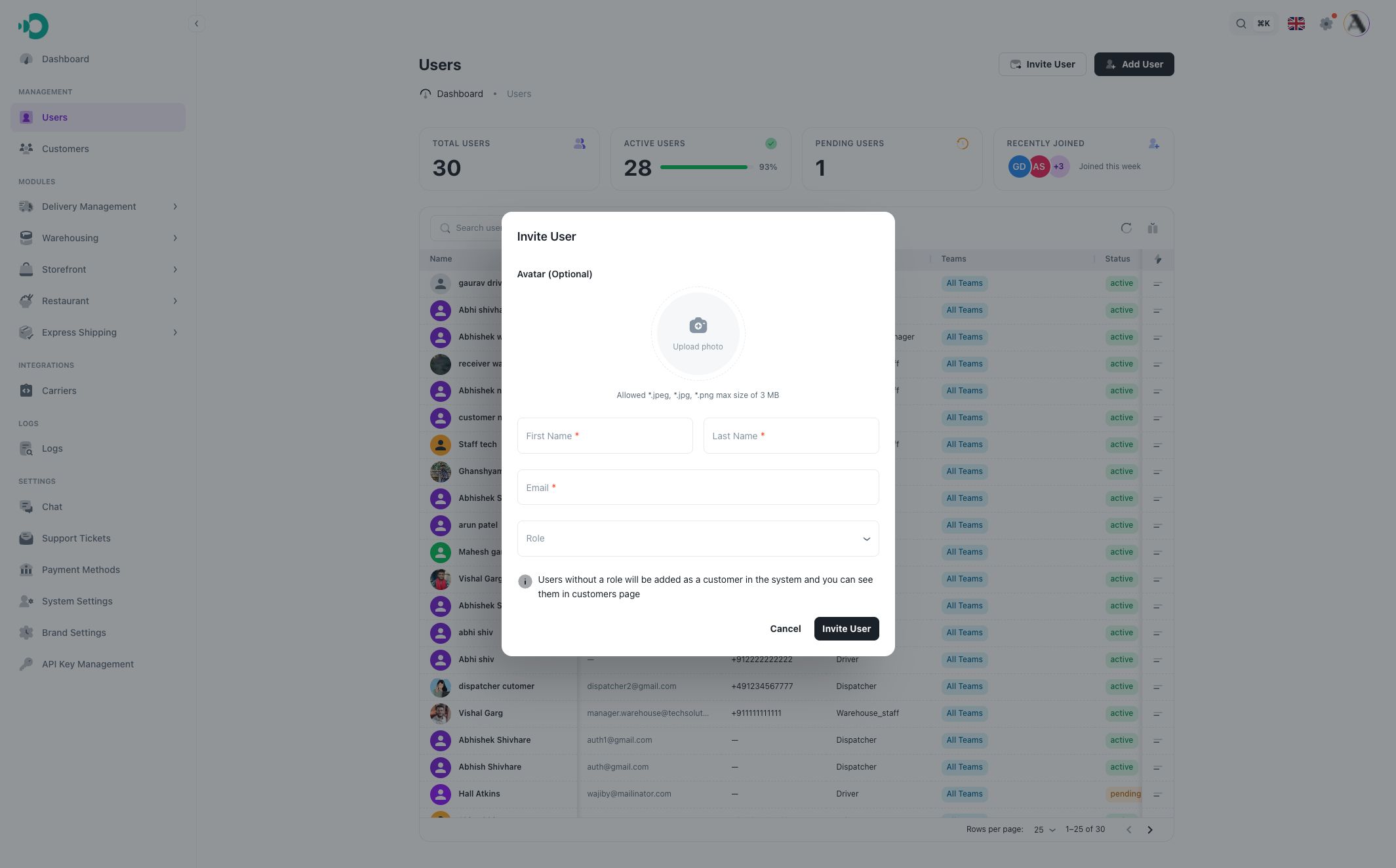 Invite user modal