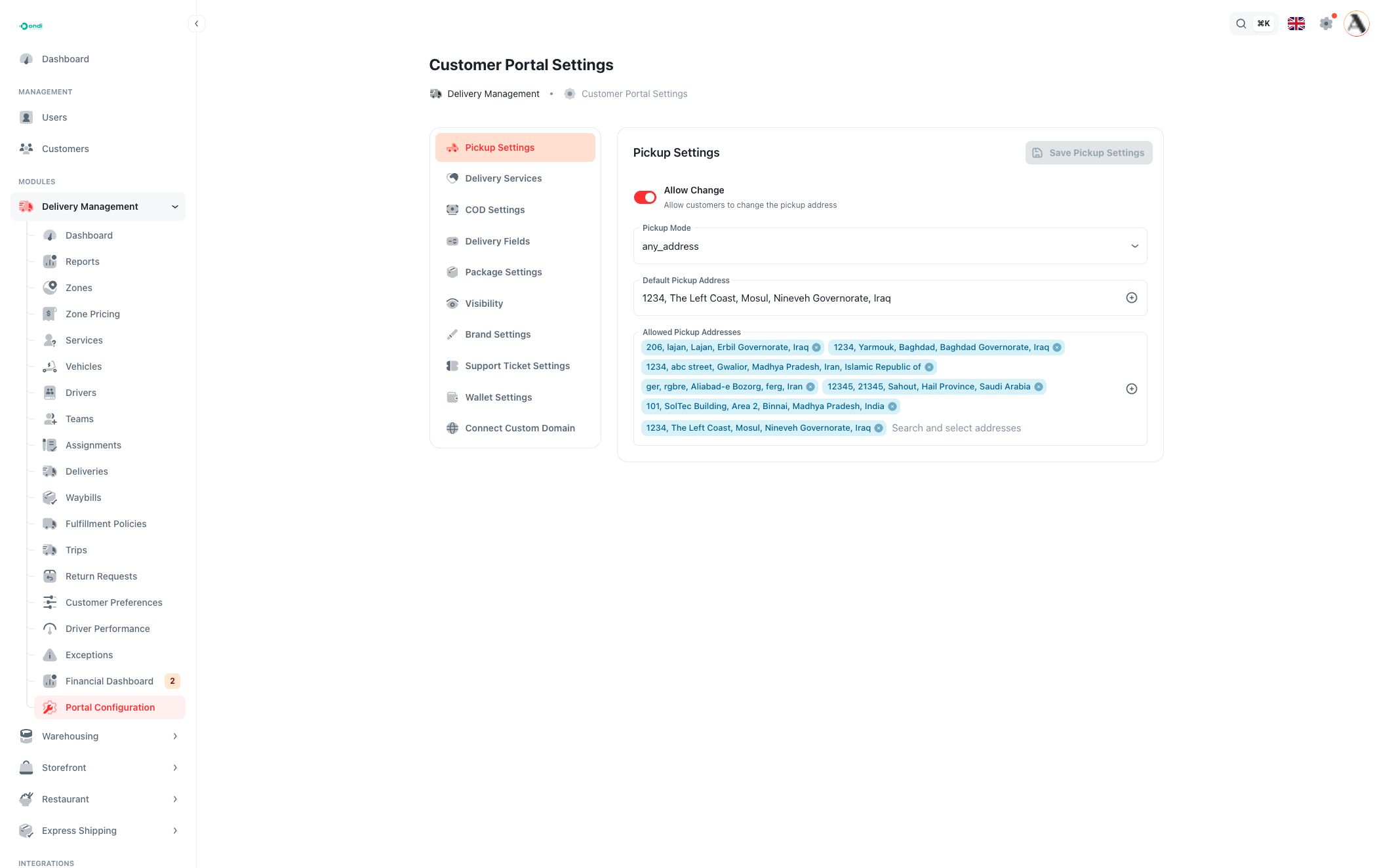 Portal Configuration pickup settings
