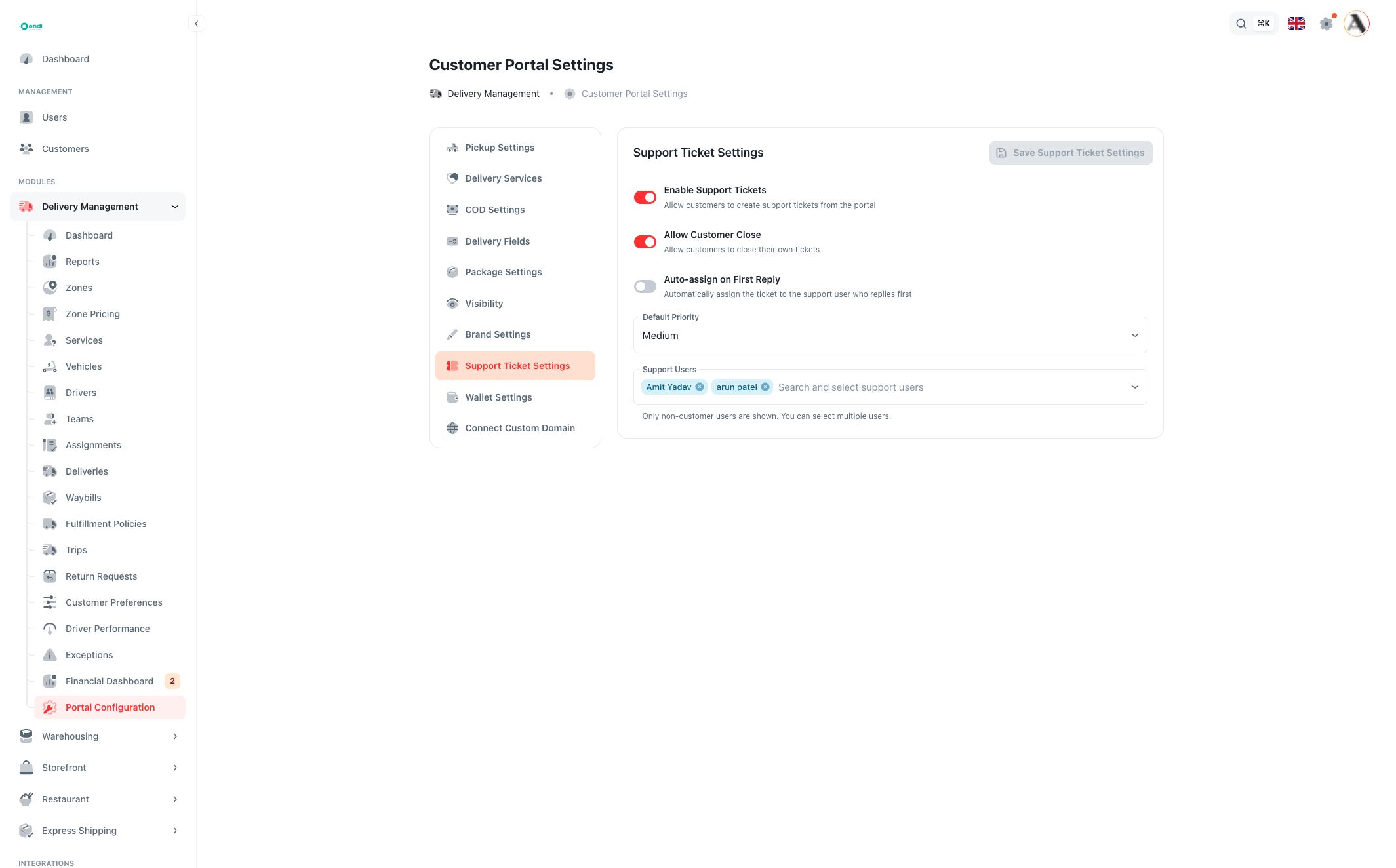 Support ticket settings