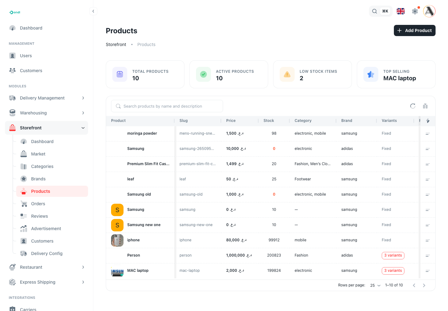 Products list screen
