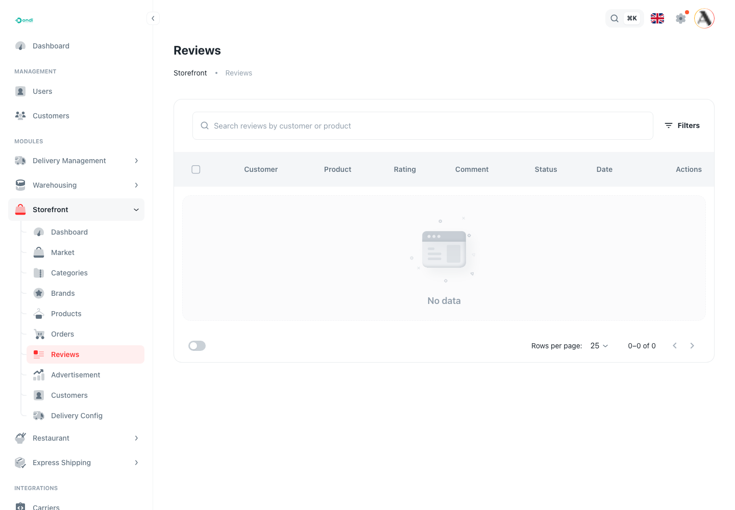 Storefront reviews screen