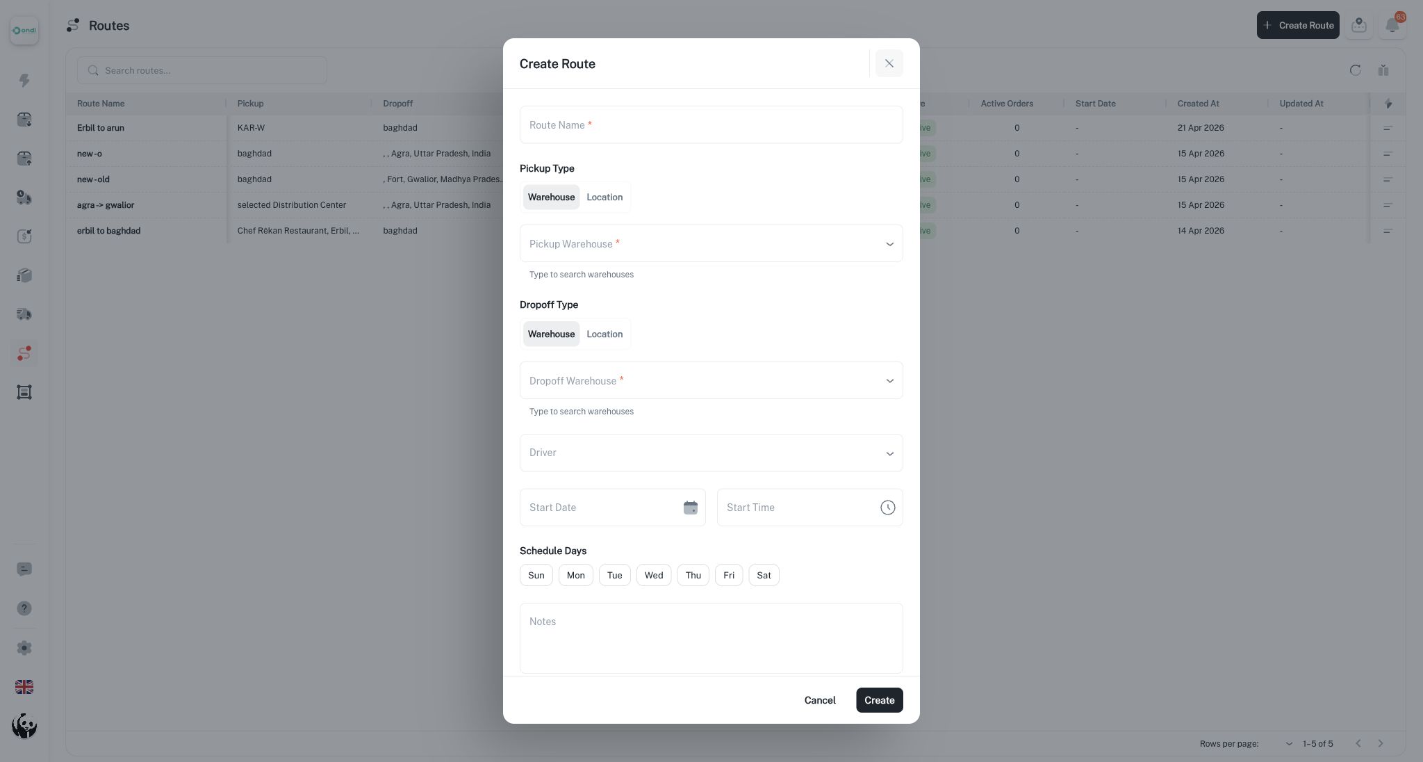 Route create dialog