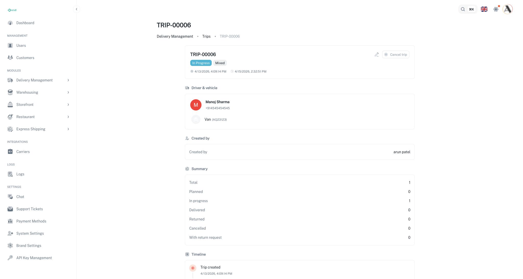 Trip detail stops and delivery management